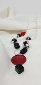 Long black white red necklace